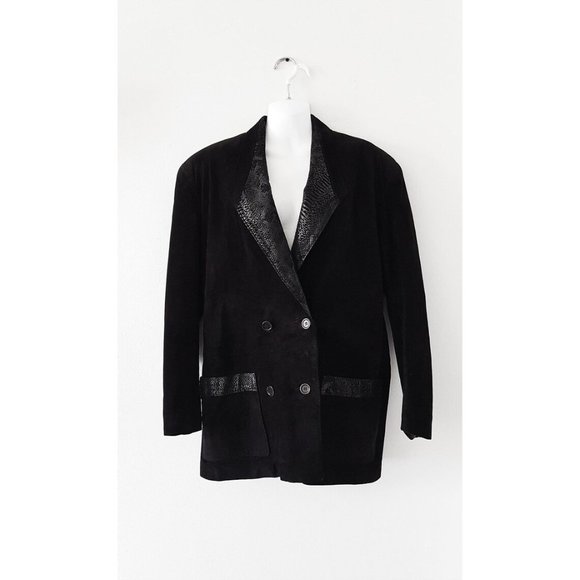 90s Vintage Suede Jacket with Snakeskin Accents Double Breasted Suede Jacket - Picture 1 of 7
